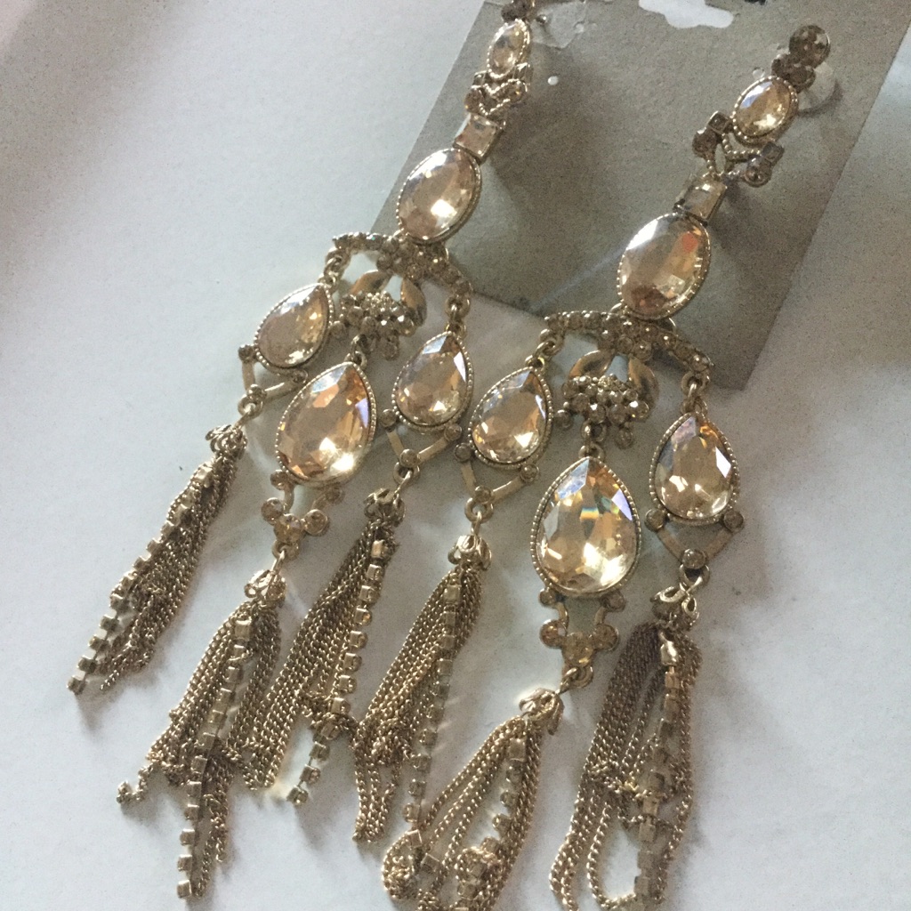 Tasha Long Gold Crystal Chandelier Earrings 5.75” Gorgeous Nwt